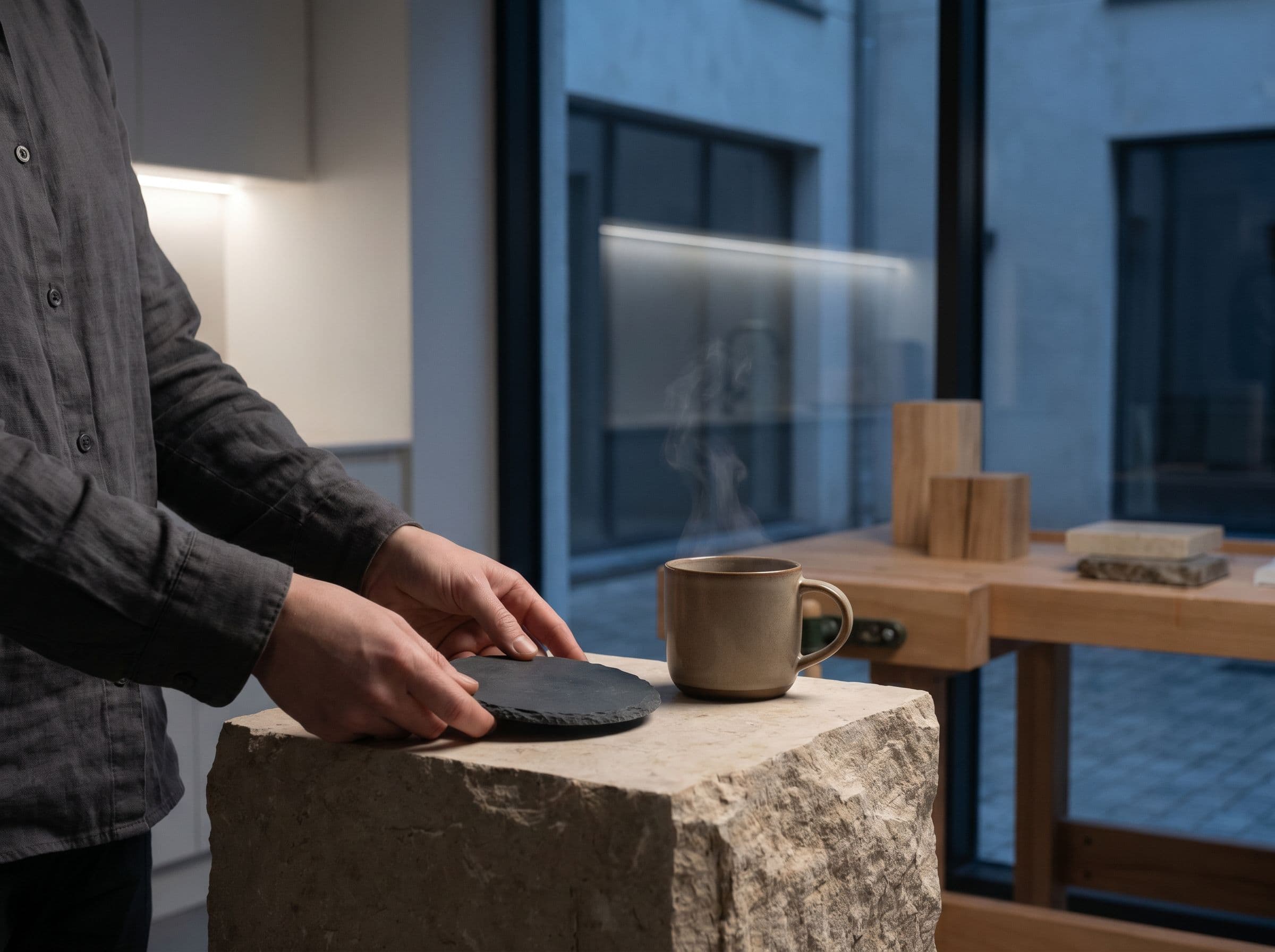 Sous-verres en matériaux naturels, mise en scène sobre