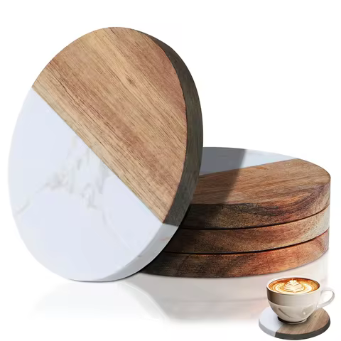 Set de 4 sous-verres bois et marbre — design contraste