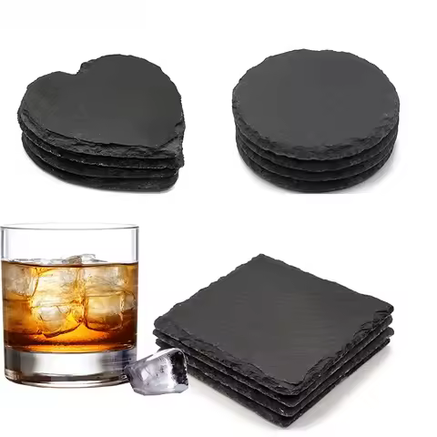Set de 6 sous-verres en ardoise — pierre noire isolante, format table basse