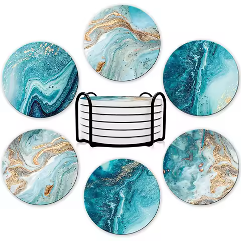 Set de 6 sous-verres en céramique style marbre — avec support