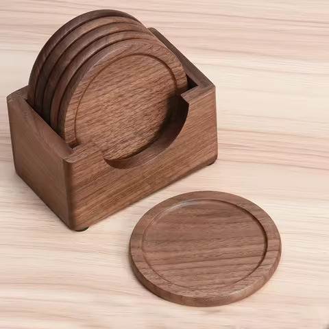 Set de 6 sous-verres noyer foncé avec support — bois plein, finition huilée